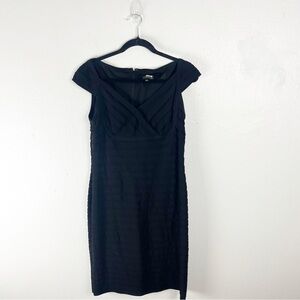 ADRIANNA PAPELL Classic Black V-Neck Layered Tiered Cap Sleeves Dress, Size 14